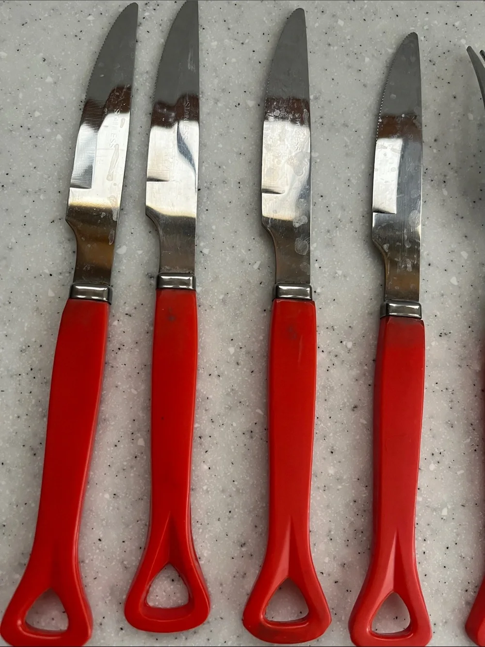 Vtg IIC Stainless Japan Red Handle Flatware 4 Settings 2 Serving Spoons *READ*